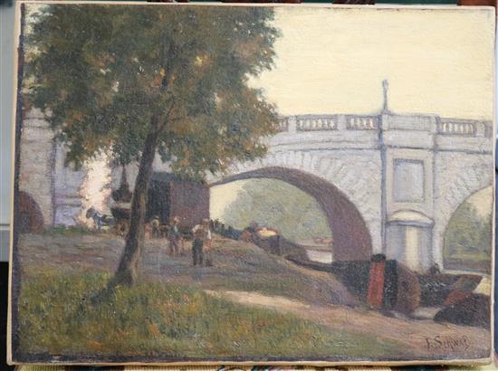 F. Schwab (19th C.) Workmen beside a bridge 12 x 16in., unframed